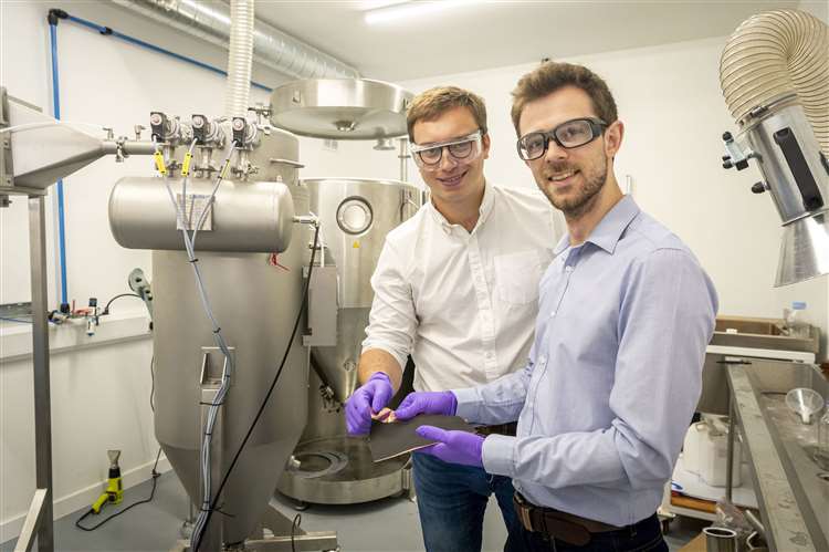 Sawston-based Echion Technologies is developing 1kg of new battery material a day thanks to technology developed by co-founders, Jean de la Verpilliere, CEO, and Alex Groombridge, CTO, right. Picture: Keith Heppell